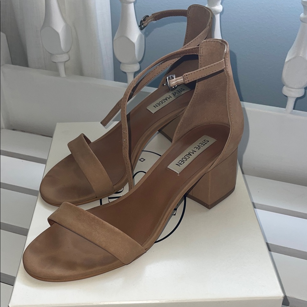 Steve Madden Irenee Tan nubuck Ankle-Strap Block Heel Sandals